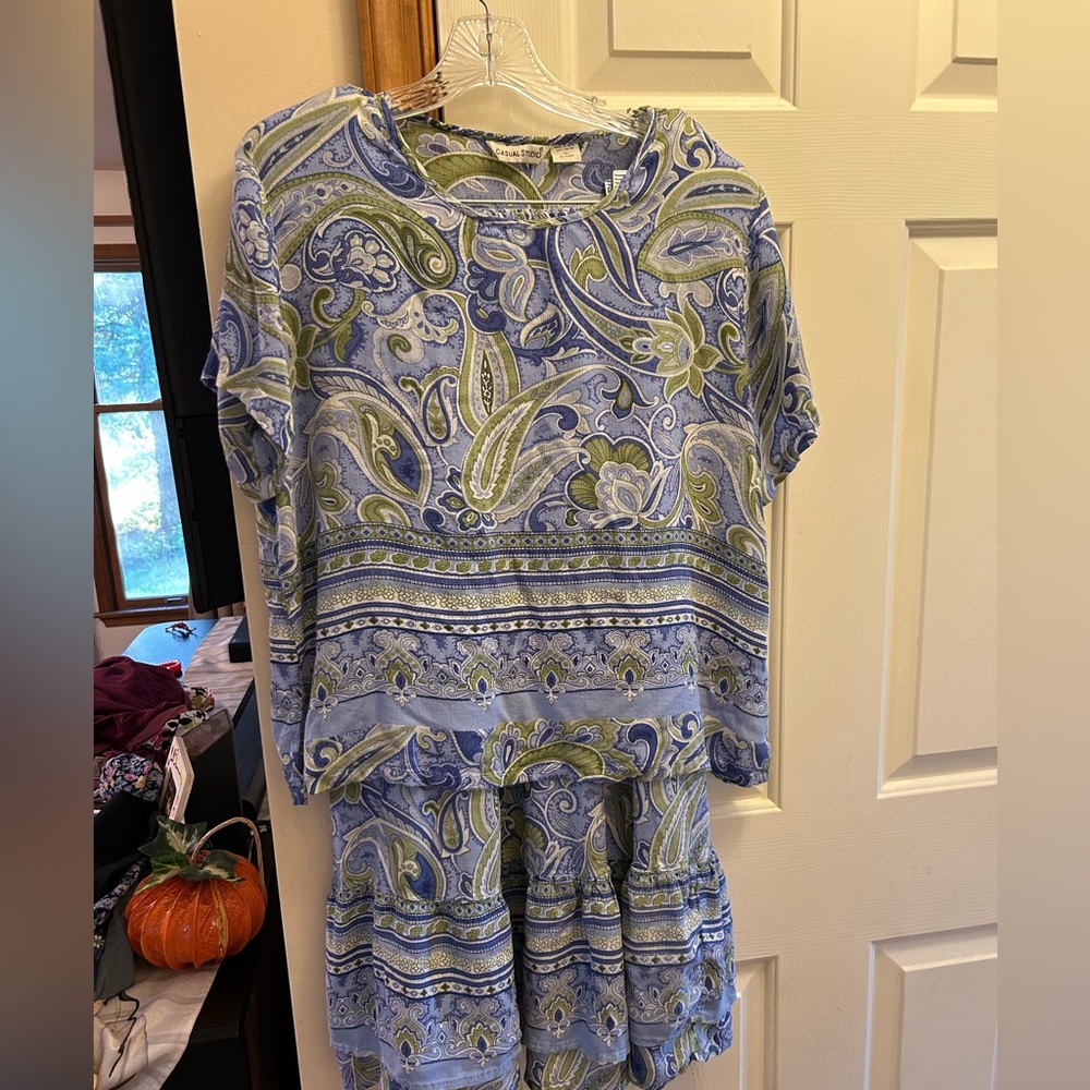 Blue and Green Paisley Top and Skirt Set